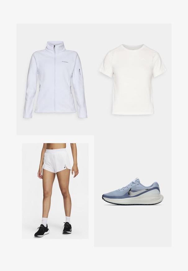 Columbia FAST TREK - Fleecejakke - snowdrift; Lett, hvit T-skjorte med korte ermer, rund hals, og en liten logo i øvre venstre hjørne. Glatt stoff med en subtil glans.; Hvite atletisk shorts med ribbet linning, sidespalter og en svart Nike-logo. Brukes med svarte joggesko og hvite ankelsokker.; Lys blå og hvit Nike løpesko med sølvfarget swoosh, pustende mesh-overdel, polstret såle og svart yttersåle med mønster.