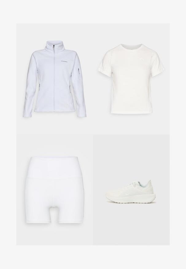 Columbia FAST TREK - Giacca in pile - snowdrift; T-shirt bianca leggera con maniche corte, collo rotondo e un piccolo logo nell'angolo in alto a sinistra. Tessuto morbido con una leggera lucentezza.; Pantaloni corti bianchi a vita alta realizzati in tessuto elasticizzato. Presentano una texture liscia e un design aderente, senza ulteriori motivi o accessori.; Scarpe da ginnastica bianche con tomaia texture, collo imbottito e chiusura con lacci. Presentano una suola curva e un logo discreto sul lato.