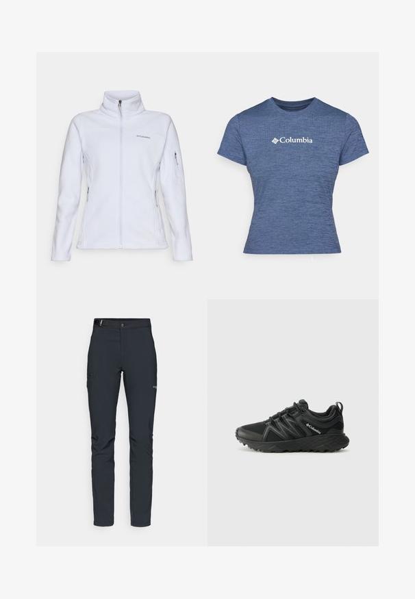 Columbia FAST TREK™ biały; Niebieska, krótka koszulka z rękawem wykonana z teksturowanej tkaniny, z białym logo Columbia na piersi, okrągłym dekoltem i dopasowanym krojem.; Męskie spodnie outdoorowe, ciemnoszare, wykonane z elastycznego materiału, z paskiem, kieszeniami na zamek oraz wzmocnionymi szwami.; Columbia PEAKFREAK czarny