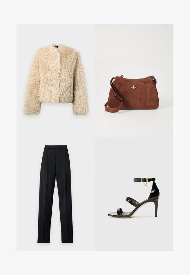 Beige faux fur jacket with a cropped design, open front, and long sleeves. Features a soft, textured surface for warmth and comfort.; Beige ribbed knit sweater with a deep V-neck, long sleeves, and a textured panel at the chest. Cropped length with a relaxed fit.; Black trousers made from smooth fabric featuring a high waist, wide legs, front pleats, and classic belt loops. No side pockets visible.; Black patent leather sandal with three straps, ankle buckle, and 4-inch stiletto heel. Features gold hardware detail and logo charm.; Brown suede handbag with a zip closure, adjustable shoulder strap, and silver hardware accent, featuring a subtle textured surface.