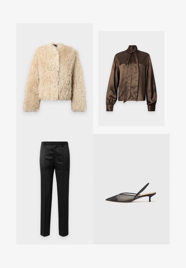 Casaco de pelúcia bege com um design cropped, frente aberta e mangas longas. Apresenta uma superfície macia e texturizada para proporcionar aquecimento e conforto.; Blusa de satin castanha com gola alta e detalhe de laço, apresentando mangas longas e fecho com botão, com textura suave e caimento elegante.; Calças pretas ajustadas com pernas retas e um cós com passantes para cinto, apresentando uma mistura de painéis de tecido mate e brilhante.; NEOUS IRENA - Saltos clássicos - black