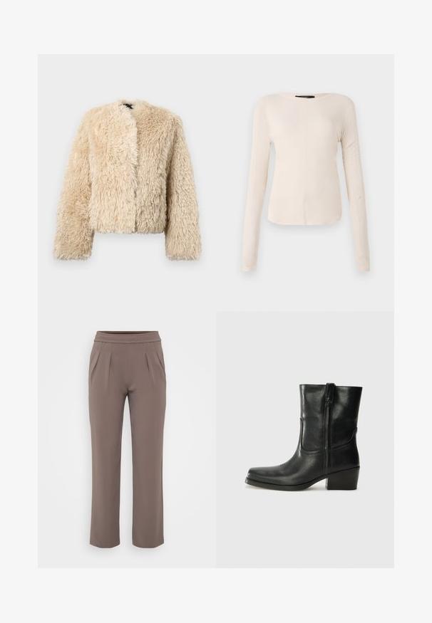 Bež jakna od umjetnog krzna s krojenjem koje se završava iznad struka, otvorenim prednjim dijelom i dugim rukavima. Ima mekanu, teksturiranu površinu za toplinu i udobnost.; Dugih rukava, svijetlo bež majica s okruglim izrezom. Izrađena od mekanog materijala, ima središnji šav i blago zakrivljen rub. Nema vidljivih metalnih dijelova.; Taupe hlače širokog kroja s elastičnim pojasom i prednjim naborima, izrađene od glatkog materijala.; Crne kožne čizme do članaka s okruglim vrhom, blok potpeticom, bočnim patentnim zatvaračem i detaljima od šavova na gornjem dijelu. Glatka tekstura, klasičan dizajn.