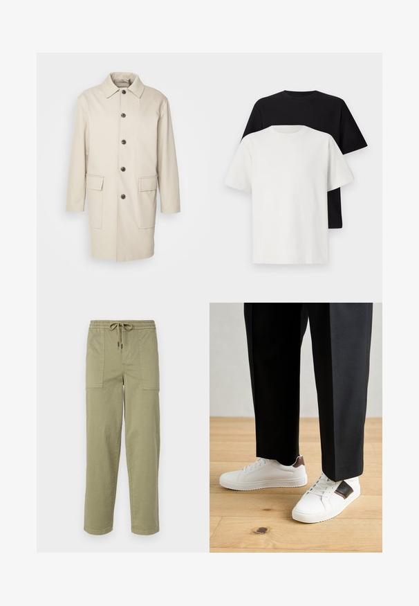 Abrigo beige con cuello puntiagudo, cierre de un solo botón, grandes botones y dos bolsillos frontales. Tejido liso y texturizado.; Conjunto de camisetas de algodón que incluye una camiseta negra y una blanca, ambas con mangas cortas, escote redondo y corte estándar. Tejido texturizado.; Pantalones verde oliva claro hechos de una mezcla de algodón, con una cinturilla elástica y cordón, y dos grandes bolsillos laterales.; Zapatillas blancas con textura suave, con acentos de cuero marrón y detalles en negro, combinadas con pantalones negros ajustados. Fondo de suelo de madera.