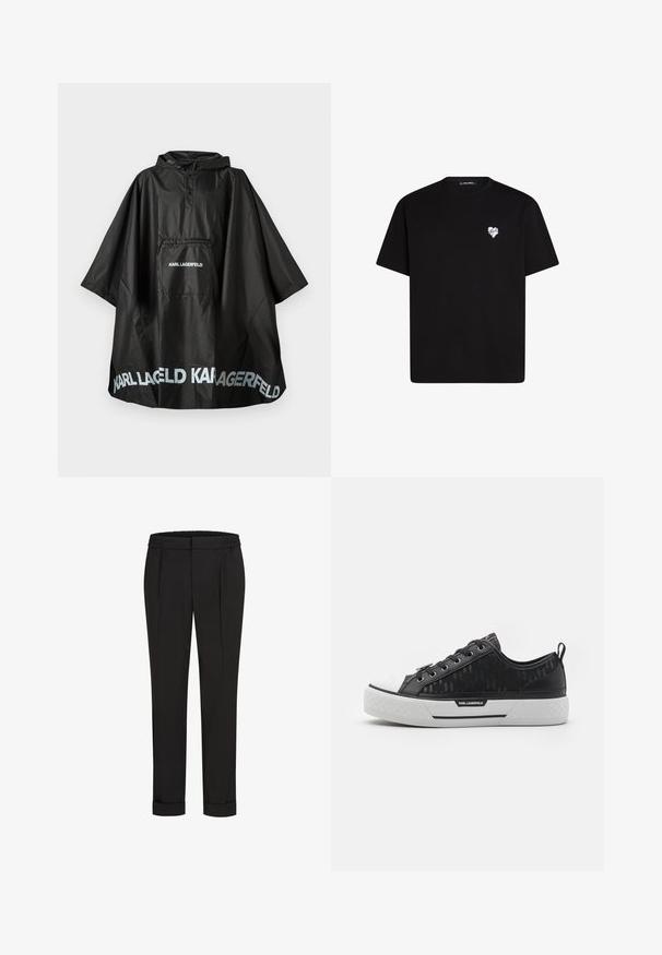 Fekete vízálló kapucnis poncsó elülső zsebbel, a zsebben és az alján a "KARL LAGERFELD" logóval.; Fekete pamut póló rövid ujjú, kerek nyakkivágással és egy kis fehér szív grafikával a bal mellkas részen.; Fekete nadrág, elasztikus derékpánttal, egyenes szárú kivitelben és felhajtott szárakkal. Simább, szőtt anyagból készült, minták nélkül.; Fekete, alacsony szárú sneaker mintás vászon felső résszel, fehér gumitalppal, texturált talppal és logóval az oldalon. Fém fűzőlyukak.