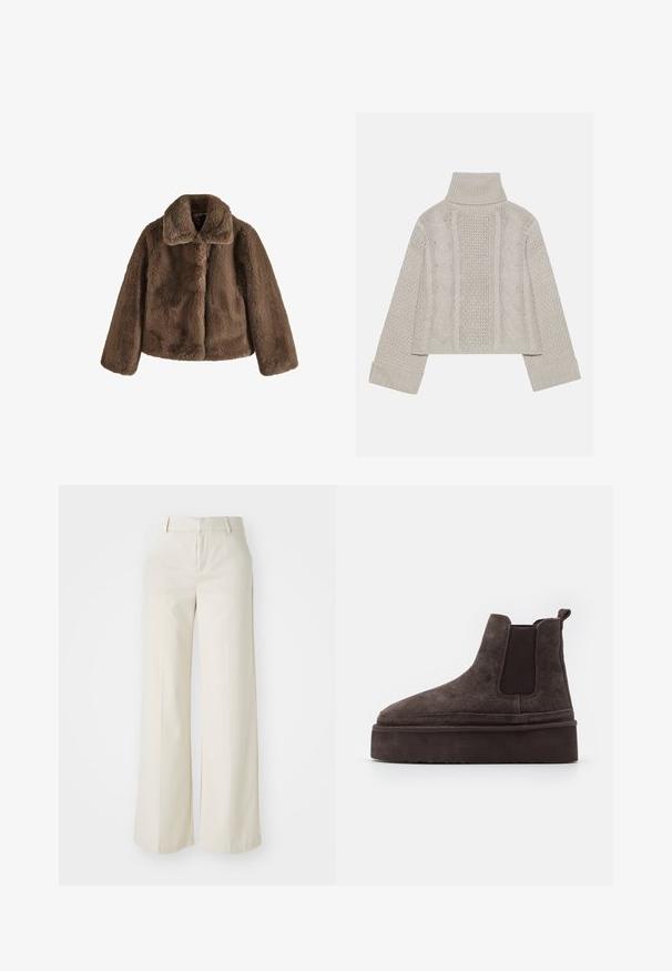 Brun faux fur jakke med en blød tekstur, en bred krave og en boxy silhuet. Har en frontlukning og lange ærmer.; Afskåret, lysegrå striktrøje med højt krave og ribbede manchetter, prydet med teksturerede kabelmønstre ned ad ryggen og siderne.; Bredde ben-bukser i en lys beige farve, lavet af et glat stof. Har en klassisk talje og flad front med rene linjer.; Brune ruskinds Chelsea støvler med elastiske sidepaneler og en tyk, struktureret platåsål. Har en strop bagpå til nem påtagning.