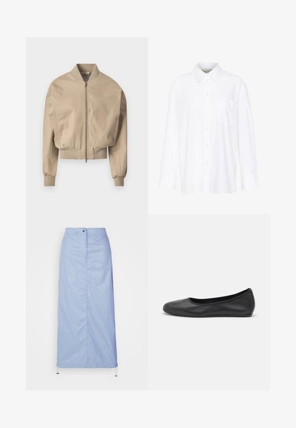 Beige lühendatud bomber-jakk siledast kangast, millel on ees lukuga sulgemine, ribaga mansetid ja klassikaline püsti krae. Külgpocketid on kaasas.; Valge pika käisega krae särg, mis on valmistatud puuvillast. Omab nööbipaneeli esiosa ja ühte rinna taskut. Sujuv tekstuur, vabalt lõigatud.; Hele sinise, keskmise pikkusega seelik, mis on valmistatud siledast, kergest materjalist ja millel on sirge lõige. Seelikul on eesnuppude sulgemine ja tõmbluku äär.; Musthave mustika tantsutossud mustast nahast, ümmarguse varbaga, siledast tekstuurist, minimaalse õmblusdetailiga ja paindliku tallakujundusega.