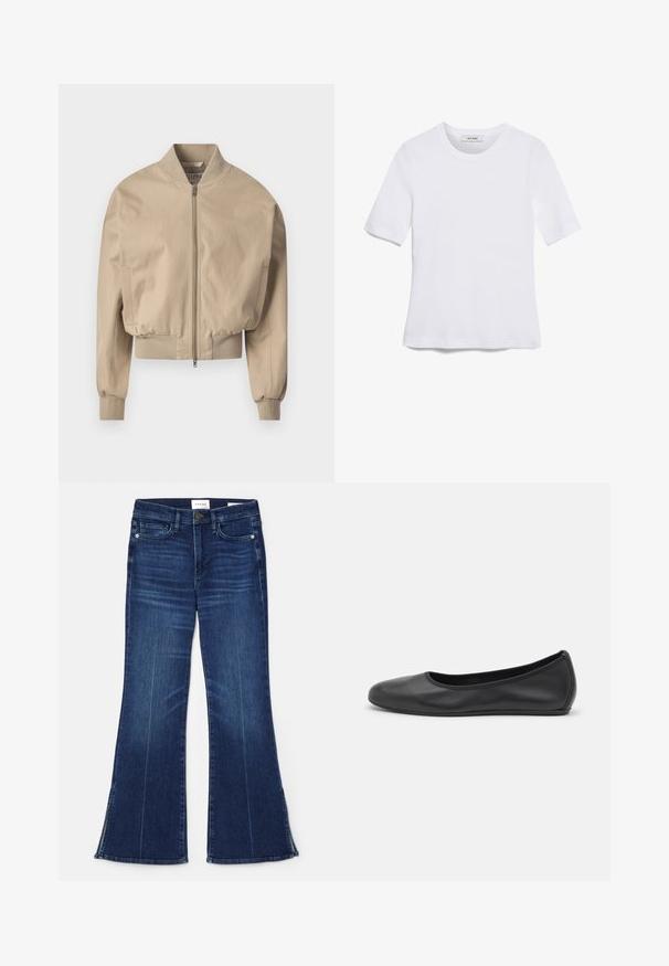Béžová skrátená bomber bunda z hladkej tkaniny s predným zipsom, rebrovanými manžetami a klasickým stojacím golierom. Obsahuje bočné vrecká.; Biela krátka tričko s krátkymi rukávmi vyrobené z rebrovanej látky. Klasický okrúhly výstrih, bežný strih a jemné švy. Bez vzorov alebo grafiky.; Tmavomodré rozšírené džínsy vyrobené z denimu. Majú vysoký pás, predné vrecká a rozparky na spodnom okraji. Klasický dizajn s piatimi vreckami.; Čierne kožené baleríny s okrúhlou špičkou, hladkým povrchom, minimálnym prešívaním a flexibilným dizajnom podrážky.