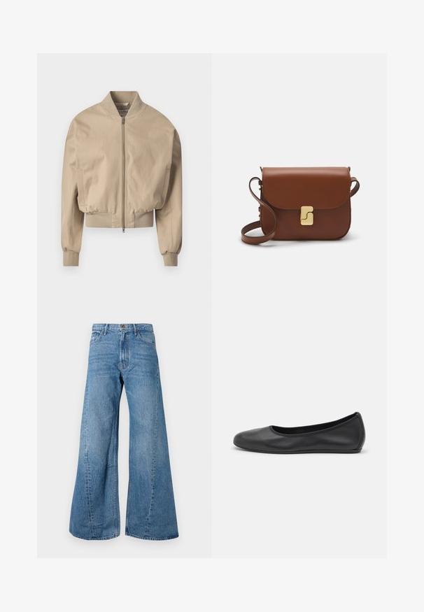 Chaqueta bomber corta color beige de tejido suave con cremallera frontal, puños de canalé y un cuello clásico erguido. Incluye bolsillos laterales.; Camiseta de manga corta blanca hecha de tela de canalé. Cuello redondo, corte regular y detalles de costura sutiles. Sin patrones ni gráficos.; Pantalones vaqueros de mezclilla azul de pierna ancha con una cintura alta, que cuentan con un diseño clásico de cinco bolsillos y un ligero desvanecimiento para dar textura.; Bailarina de piel negra con punta redondeada, textura suave, detalle de costura minimalista y diseño de suela flexible.; Bolso de mano de cuero marrón con cierre de solapa, herrajes en tono dorado, correa para el hombro y una textura suave. Forma rectangular compacta.