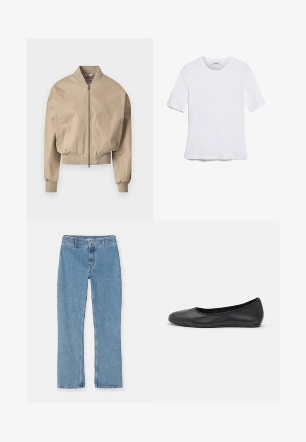 Beige lühendatud bomber-jakk siledast kangast, millel on ees lukuga sulgemine, ribaga mansetid ja klassikaline püsti krae. Külgpocketid on kaasas.; Valge lühikeste varrukatega T-särk ribatud kangast. Ümara kaelusega, tavalisest sobivusest ja peente õmbluse detailidega. Ilma mustrite või graafikateta.; Heledad hall sinise sirge jala teksapüksid, nööbi ja luku sulgemisega, vöörihmadega ja standardõmblustega valgel taustal.; Musthave mustika tantsutossud mustast nahast, ümmarguse varbaga, siledast tekstuurist, minimaalse õmblusdetailiga ja paindliku tallakujundusega.