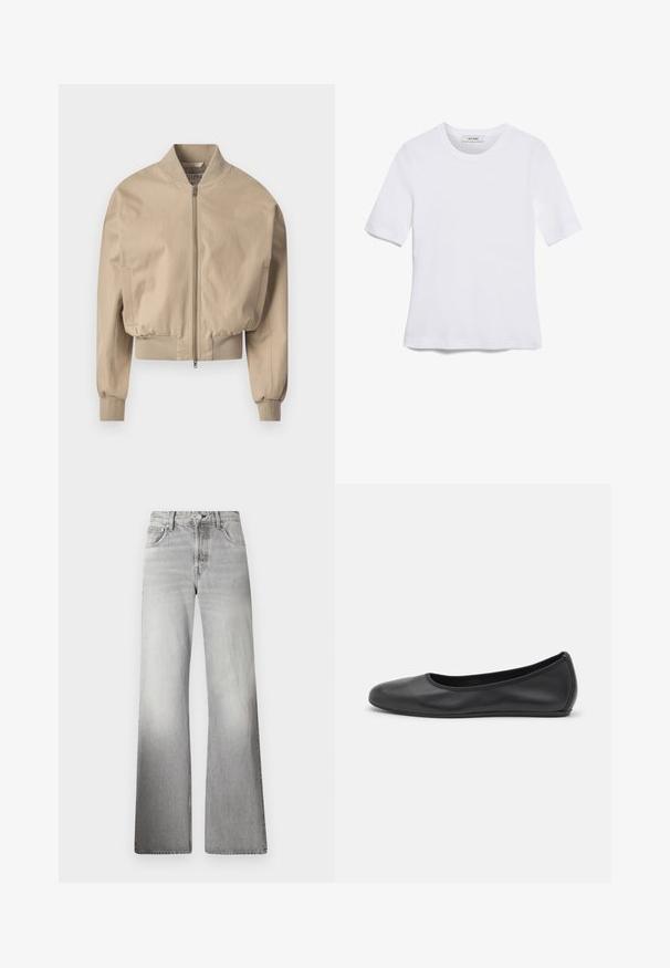 Beige színű, sima anyagból készült rövid bomber dzseki, elöl zipzárral, bordás mandzsettákkal és klasszikus álló gallérral. Oldalsó zsebek is találhatók rajta.; Fehér, rövid ujjú póló ribbed anyagból. Kerek nyakkivágás, normál szabás és diszkrét varrási részletek. Nincsenek minták vagy grafikák.; Szürke farmer széles szárú nadrág, magas derékkal, elhalványodott textúrával, öt zsebből és cipzáros gombos záródással.; Fekete bőr balettcipő lekerekített orral, sima tekstúrával, minimális varrással és rugalmas talp kialakítással.