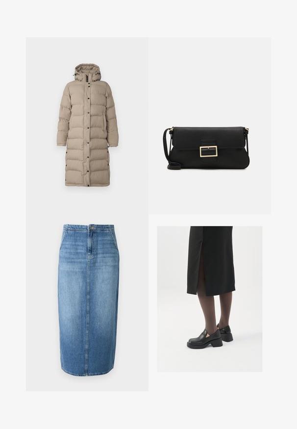 Beiges pūkains mētelis līdz ceļiem, ar quilted dizainu un lielām daļām, melniem spiedpogām. Iespējo noņemamu kapuci un augstu apkakli.; JDY JDYDINEA L/S REVERSIBLE - Džemperis - fern; Gaiši zilā denima zīda svārki ar taisnu griezumu, priekšējo pogu aizdari un diskreto izbalējušu efektu. Malu garums ir nedaudz virs ceļgaliem.; Melni ādas apavi ar noapaļotu purngalu, biezām bloku papēžiem un elastīgiem sānu akcentiem, apvienoti ar tumšām zeķubiksēm un melnu svārku ar šķirbu.; Melnas ādas saķeres soma ar atloku un zelta metāla sprādzi. Ietver melnu siksnu un elegantu, minimālistisku dizainu.