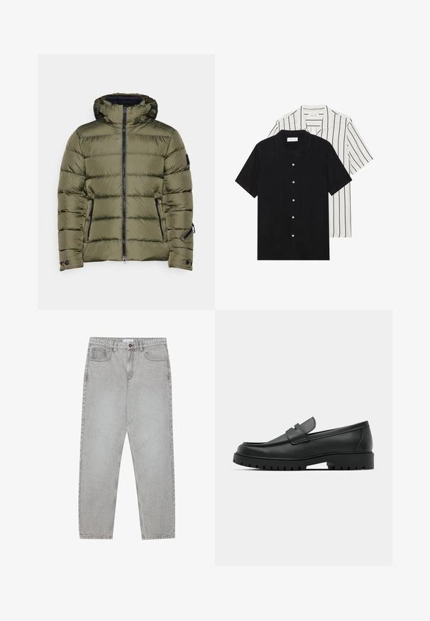 Bogner Fire + Ice LUKA - Snowboard jacket - grape leaf; Two short-sleeve shirts: one solid black, one white with black vertical stripes. Both feature button closures and a classic collar.; Light grey denim pants with a straight-leg design, five-pocket styling, and a button closure. Visible stitching along the seams.; Black leather loafers with a rounded toe, featuring a stitched design, low platform sole, and a textured, lugged rubber outsole.