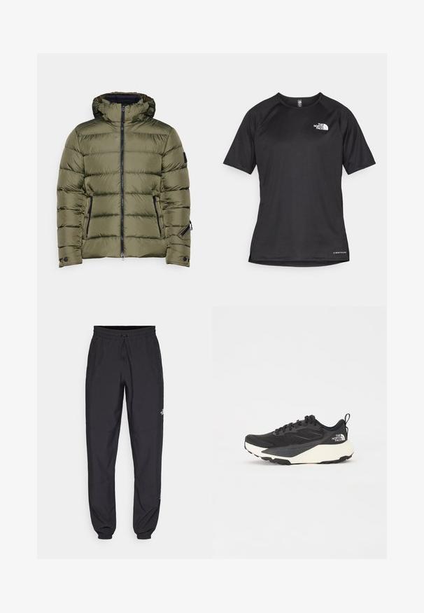 Bogner Fire + Ice LUKA - Snowboard jacket - grape leaf; Black short-sleeve athletic shirt with a textured fabric, featuring a white logo on the left chest and a straight hem.; Black athletic pants made from lightweight fabric, featuring a drawstring waistband, side pockets, and tapered cuffs at the ankles.; Black athletic shoe with textured mesh upper, solid black accents, and white lightweight outsole. Features lace-up closure and pull tab.