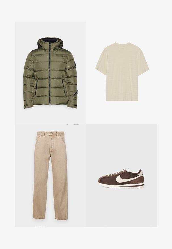 Bogner Fire + Ice LUKA - Geacă snowboard - grape leaf; Tricou de culoare crem, cu mânecă scurtă, având o textură subtilă cu dungi și un guler rotund, fabricat dintr-un material ușor.; Jeans din denim bej cu un design drept, care prezintă buzunare frontale, închidere cu buton metalic și o textură subtilă.; Tenisi maro, cu un amestec de materiale suede și pânză, având un logo alb Nike swoosh și o talpă texturată din cauciuc.