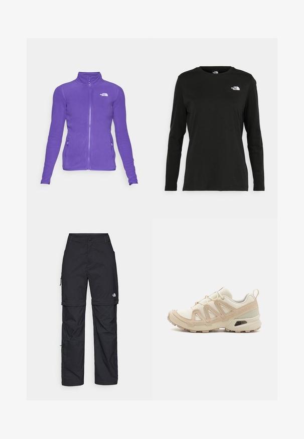 The North Face 100 GLACIER - Fleecejacka - peak purple; Svart långärmad t-shirt i bomull med rund hals. Har en liten vit logotyp på vänster bröstområde. Enkelt design och passform.; Svarta nylonbyxor med avtagbara ben, justerbara muddar, flera fickor och en logotyp på högra benet. Slät, lätt textur.; Beige och krämfärgad atletisk sko med texturerad meshovandel, stöttande överdrag och gummisulor med ett mönster för grepp.