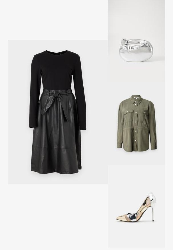Olivenfarget skjorte laget av et mykt stoff, med knappestolpe foran, to brystlommer med klaffer, og lange ermer.; Svart langermet topp kombinert med et svart faux skinnskjørt, med en knyttet midje og en glatt, blank tekstur.; Spiss-tå høyhælte sko med en fargekomposisjon av sølv, gull og nude. Glanset overflate med utskjæringsdesign, med en stiletto hæl.; Sølvfarget metallisk poseveske med en myk, avrundet form og en knyttet topplukking. Laget av glatt imitert skinn.