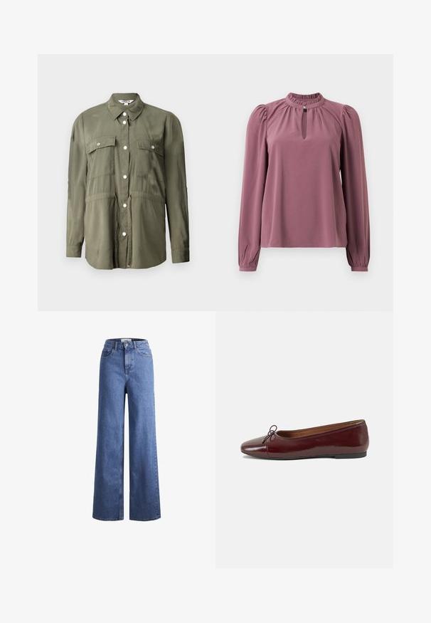 Olive roheline särk, mis on valmistatud pehmest kangast, nupuga esiküljel, kahe rinna taskuga klapiga ja pikkade varrukatega.; Pika-sleeve lillebluu, millel on kogutud krae, võtmeaugu dekoltee nööpide kinnitusega ja veidi puhvne õlavarred.; Heled sinise denimist laiad jalad, kõrgema talje ja kahe eesmise taskuga, nähtavate õmblustega. Omab nuppu ja luku sulgemist.; Burgundi patendnahk kingad balletitüüpi, ümmarguse ninaosa, ees väike paelaaktsent ja madal must kummist tald. Sile tekstuur.