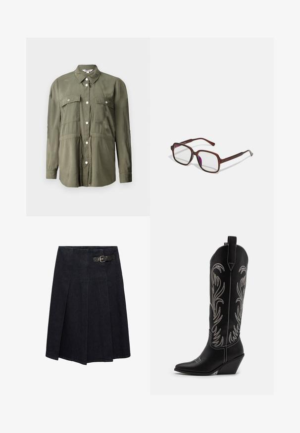 Olivnozeleni srajc z mehkega materiala, ki ima zadrgo spredaj, dva žepa na prsih z pokrovi in dolge rokave.; Bela srajca z dolgimi rokavi iz gladkega tkanja, z izpostavljenim ovratnikom, zapenjanjem na gumb in zaobljenim robom s stranskimi razporki.; Temno modra kavbojka krila z oprijetim pasom, podrobnostmi z zaponko na strani, nabranim dizajnom in nekoliko razširjeno silhueto. Šivi po celotni dolžini.; Črne usnjene kavbojske čevlje s koničastimi prsti, klinastimi petami in srebrnimi vezeninami cvetnega vzorca po vsej dolžini. Kontrastno šivanje povsod.; Rjave, pravokotne očala z prosojnimi lečami in vijoličnimi odtenki. Gladek plastičen okvir z ravnimi steblami in subtilnimi detajli.