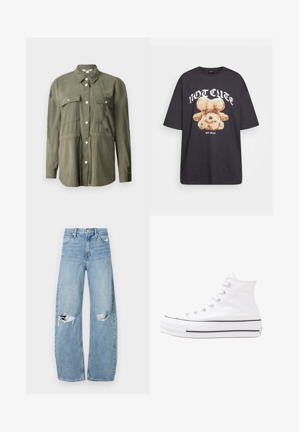 Olíva zöld ing, puha anyagból készült, gombos elülső résszel, két mellzsebbel, fedelekkel, és hosszú ujjal.; Fekete, oversized póló, rajta egy medvével és a "NEM CUKI, HANEM FÉKTELEN" felirattal vastag, fehér betűkkel. Pamut anyag.; Világoskék, magas derekú farmernadrág. Széles lábakkal, két szakadt térddel és klasszikus öt zsebes dizájnnal rendelkezik.; Fehér magaskorsó vászon sportcipő fekete gumi talppal, elülső gumi orrnyereggel és hat fűzőlyukkal, letisztult, minimalista dizájnnal.