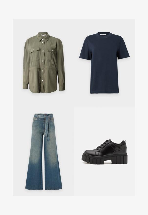 Olive green shirt made of a soft fabric, featuring a button-up front, two chest pockets with flaps, and long sleeves.; Navy blue short-sleeve T-shirt made from cotton, featuring a round neckline and a relaxed fit with minimal detailing.; Wide-leg denim trousers featuring a light to dark blue gradient, high waist, belt loops, and a matching fabric belt. Textured denim finish.; Black leather platform shoes with a chunky block heel, round toe, and traditional lace-up design. Features smooth texture and minimal detailing.