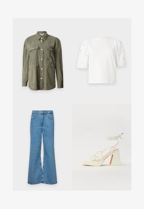 Olivovo zelená košeľa vyrobená z jemnej látky, s gombíkovým zapínaním vpredu, dvoma náprsné vreckami so sklápacími klopami a dlhými rukávmi.; Biela bavlnená tričko s krátkymi volánovými rukávmi, zdobené malými striebornými ozdobami pozdĺž rukávov. Klasický okrúhly výstrih, voľný strih.; Svetlomodré rozšírené džínsy vyrobené z denimu, s vysokým pásom, piatimi vreckami a jednopoložkovým zapínaním na gombík. Mäkká textúra s vyblednutým povrchom.; Biele sandále na vysokom opätku s hrubým podpätkom, s pruhovaným dizajnom a viazaním na členku. Hladký povrch s platformou vpredu pre zvýšenú výšku.