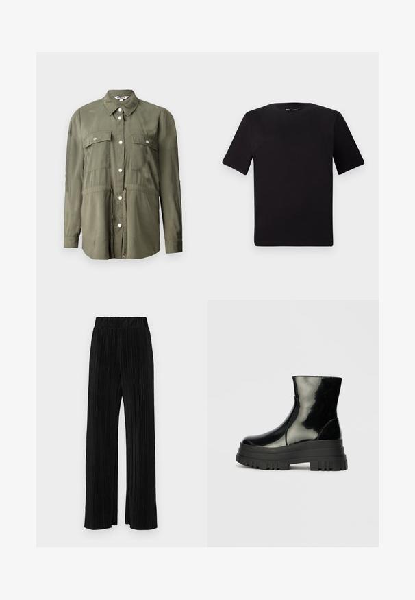 Maslinasto zeleni košulja napravljena od mekog materijala, s dugim rukavima, dugmadi sprijeda i dva džepa na prsima s preklopima.; Crna majica kratkih rukava s okruglim izrezom, izrađena od mekane pamučne tkanine. Jednostavan dizajn, bez vidljivih logotipa ili uzoraka.; Crne plisirane hlače s elastičnim pojasom. Imaju široke nogavice i glatku, teksturiranu tkaninu s vertikalnim prugama.; Crna sjajna čizma do ankleta s debelim zupčastim potplatom i zaobljenim vrhom, bočni pogled na jednostavnoj svijetlosivoj pozadini.