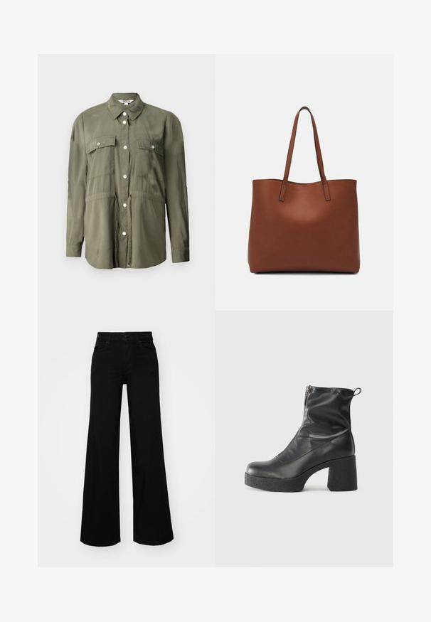 Olive roheline särk, mis on valmistatud pehmest kangast, nupuga esiküljel, kahe rinna taskuga klapiga ja pikkade varrukatega.; Pruun, pikkade varrukatega ribaga särk, millel on ümar kaelus. Valmistatud siledast, venivast materjalist, omades formatiivset siluetti ja minimaalset dekoratiivsust.; Mustad mustad püksid, mis on valmistatud denimist, struktuurse vöökohtade, vöökootidega ja esikottidega. Sile tekstuur klassikalise disainiga.; Mustad mustad ansapüksid, mis on valmistatud siledast nahast, külje zipperiga, paksu tekstuuriga kontsaga ja ümmarguse nina disainiga.; Pruun nahast tote-kott, millel on sile tekstuur, avatud ülaosa disain ja kaks õlarihma. Omab minimaalset õmblust ja nähtavat riistvara ei ole.