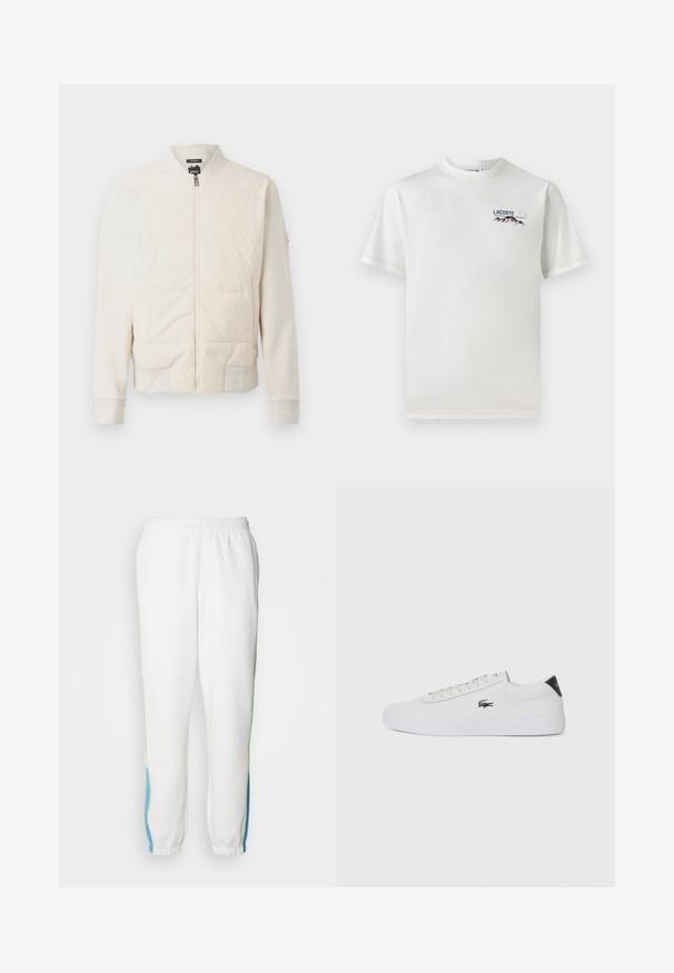 Šviesiai smėlio spalvos džinsinis švarkas su užtrauktuku, turintis paminkštintą priekinę dalį, lygius audinius, raukšlėtus rankogalius, šonines kišenes ir stovinčią apykaklę.; Baltas medvilninis marškinėliai su apykakle, trumpomis rankovėmis ir mažas siuvinėtas logotipas, vaizduojantis kalnus ir tekstą ant kairiojo krūtinės.; Baltos sportinės kelnės su elastingu juosmeniu, su žaliomis ir mėlynomis šoninėmis juostelėmis. Minkšta medžiaga su siaurėjančiu kulkšnių dizainu.; Balti odiniai sportbačiai su apvalia nosimi, raištelių užsegimu priekyje ir juodu akcentu ant kulno. Šone yra mažas išsiuvinėtas krokodilo logotipas.