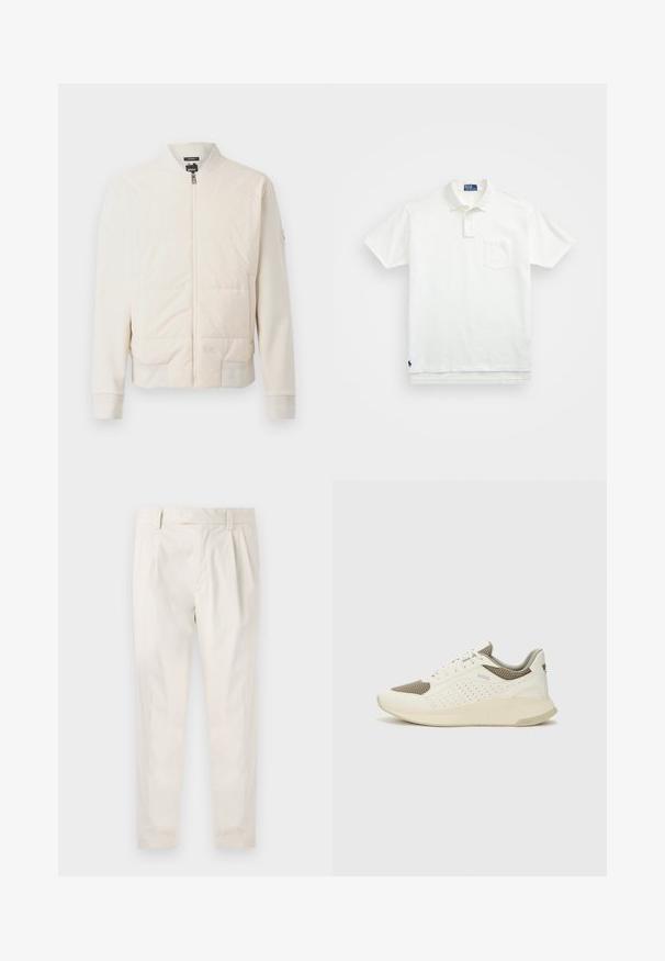 Helle beige Zip-Jacke mit gepolsterter Vorderseite, glattem Stoff, gerippten Bündchen, seitlichen Taschen und einem Stehkragen-Design.; Weißes Poloshirt aus Baumwolle, mit klassischem Kragen, Drei-Knopf-Leiste und einer linken Brusttasche; kleines Logo am Saum.; Weiße, plissierte Hose mit taillierten Schnitt, die eine glatte Textur, Gürtelschlaufen und schmal zulaufende Beine aufweist. Keine sichtbaren Taschen oder Muster.; Weiße und hellbeige Sport Sneakers, ausgestattet mit einem Obermaterial aus Netzgewebe, perforierten Details und einer strukturierten Zwischensohle mit Branding an der Ferse.