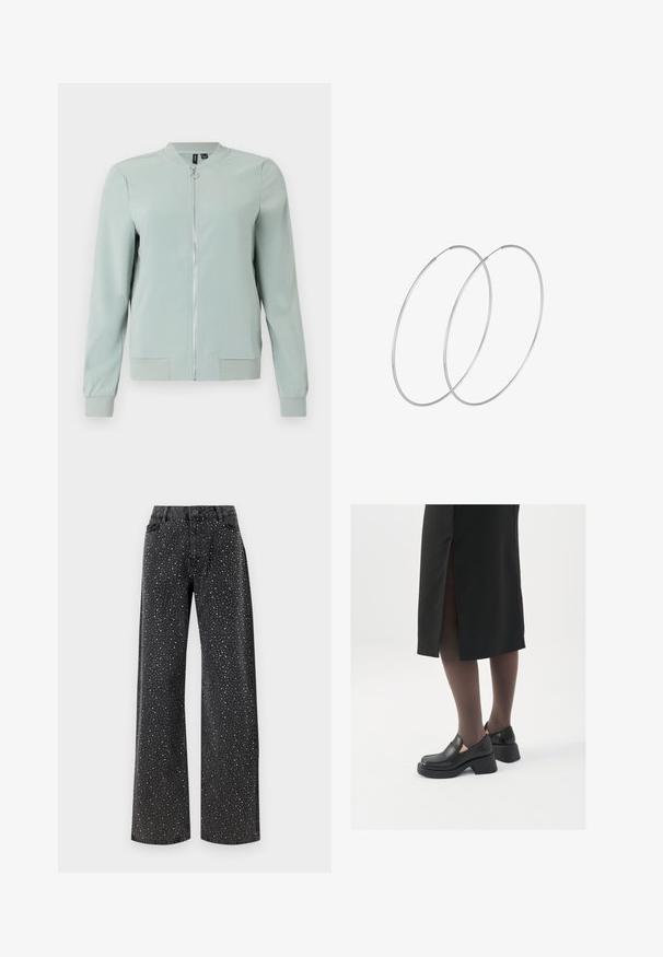 Svetlo zelena bomberska jakna z zadrgo spredaj, rebrastimi manšetami in robom, gladko teksturo ter brez vidnih vzorcev ali kovinskih podrobnosti.; Črno bodi s dolgimi rokavi, z mrežastim V-izrezom in nabranimi rameni. Gladek material z oblikovanim krojem.; Noisy May NMJANNEL LOOSE - Široke kavbojke - black denim; Črne usnjene čevlje s zaobljenim prstom, debelim blokastim petama in elastičnimi stranskimi detajli, v kombinaciji s temno nogavicami in črno krilo z razporkom.; Srebrne uhane v obliki obroča z minimalističnim dizajnom. Krožna oblika, gladka tekstura in tanek profil. Lahki s poliranim zaključkom.