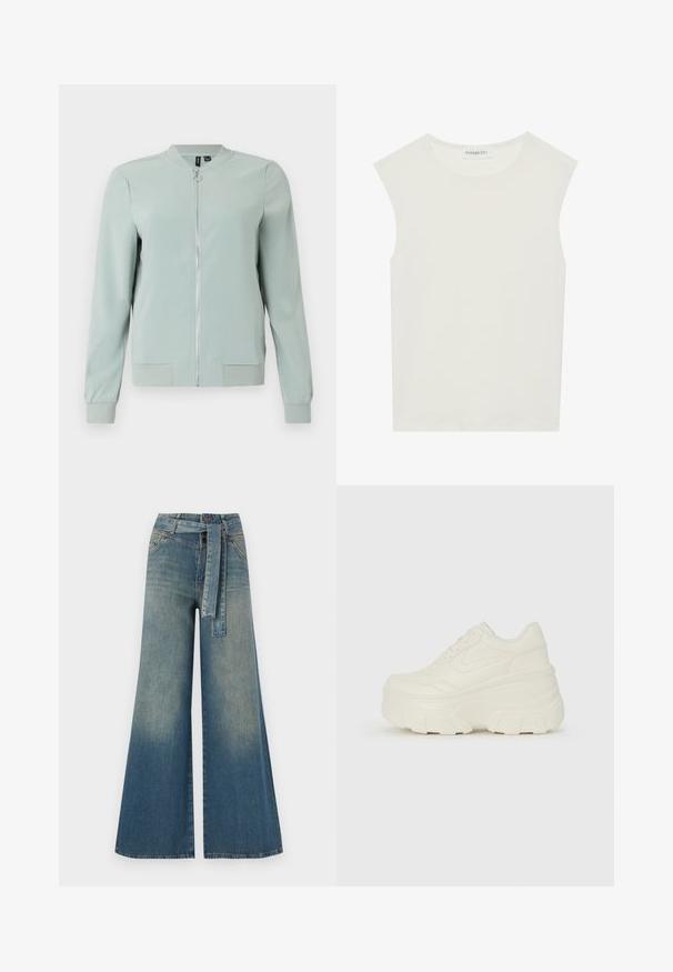 Veste bomber verte clair avec fermeture éclair sur le devant, poignets et ourlet côtelés, texture lisse, sans motifs visibles ni détails métalliques.; Haut sans manches blanc avec un col rond. Fabriqué en tissu lisse, il présente une coupe décontractée et un design minimaliste. Pas de motifs ni d'accents.; Pantalons en denim à jambe large présentant un dégradé de bleu clair à bleu foncé, taille haute, passants de ceinture et une ceinture en tissu assortie. Finition en denim texturé.; Baskets plateformes blanches avec une tige en simili cuir lisse, une forme arrondie, un col rembourré et une semelle en caoutchouc texturé avec des crampons définis.