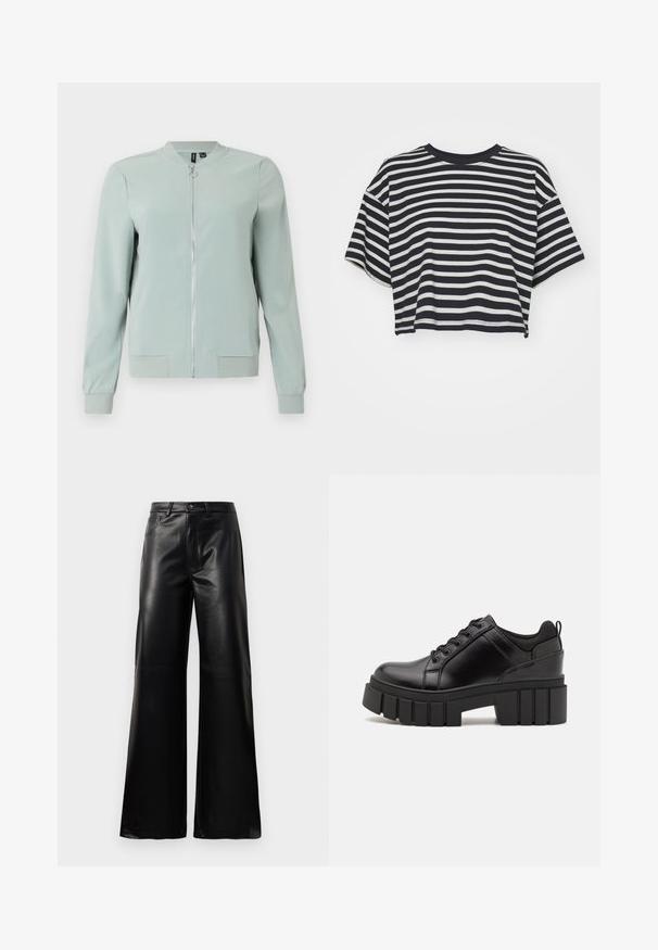Lys grøn bomberjakke med lynlås foran, ribbede manchetter og kant, glat tekstur og uden synlige mønstre eller metaldele.; Ribbet cropped t-shirt i navy og hvid. Korte ærmer, rund halsudskæring, blødt stof med vandrette striber og en afslappet pasform.; Sorte high-waisted bukser i bred ben i imiteret læder med forreste knap, lynlås, bæltestropper og sidelommer på hvid baggrund.; Sorte læder platform sko med en klodset blokhæl, rund tå og traditionelt snøredesign. Har en glat tekstur og minimal detaljering.