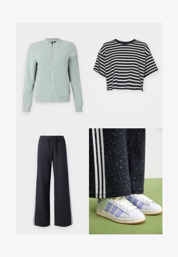 Light green bomber jacket with a zip front, ribbed cuffs and hem, smooth texture, and no visible patterns or hardware details.; Striped cropped t-shirt in navy and white. Short sleeves, round neckline, soft fabric with horizontal stripes and a relaxed fit.; Black wide-leg pants with an elastic waistband and drawstring. Features blue side stripes and a smooth, soft texture.; White leather sneakers with light purple accents, three stripes, and a rubber sole. Black pants with a subtle leopard pattern and side stripes.