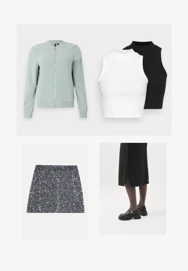 Light green bomber jacket with a zip front, ribbed cuffs and hem, smooth texture, and no visible patterns or hardware details.; Two sleeveless ribbed turtleneck tops in black and white, featuring a fitted design and smooth texture, with cropped length.; Silver sequined mini skirt featuring a textured pattern and a straight cut. The fabric appears shiny and reflective.; Black leather shoes with a rounded toe, thick block heel, and elastic side accents, paired with dark tights and a black skirt with a slit.