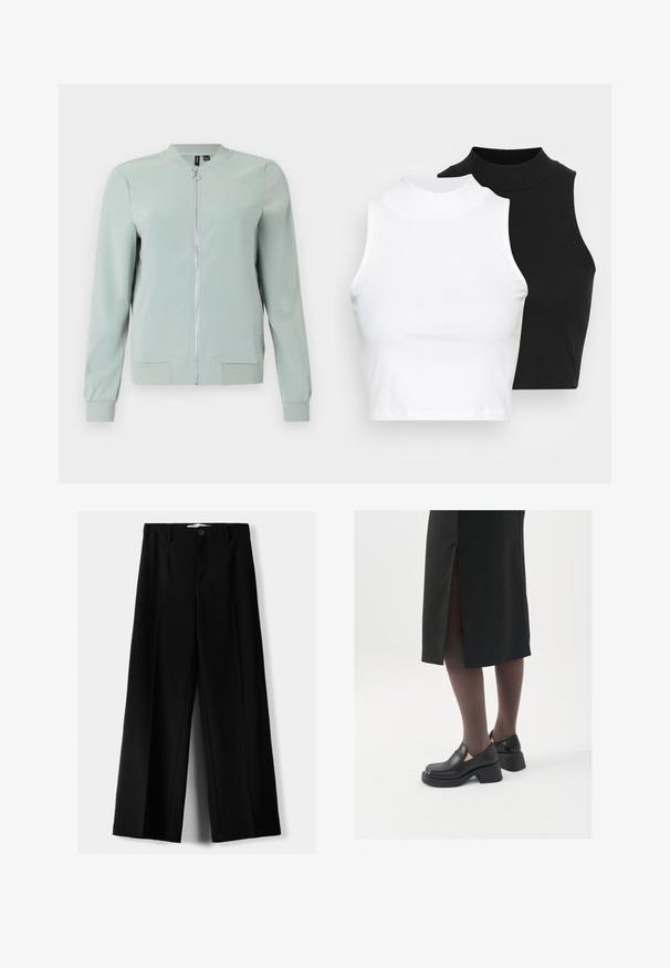 Lichtgroene bomberjack met een rits aan de voorkant, ribgebreide boorden en zoom, een gladde textuur en geen zichtbare patronen of hardware-details.; Twee mouwloze ribgebreide coltruien in zwart en wit, met een slim fit ontwerp en een gladde textuur, met een cropped lengte.; Zwarte wijde broek van lichtgewicht stof, met een knoopsluiting aan de voorkant en een vlakke achterkant, afgewerkt met keurig gestikte zoom.; Zwarte leren schoenen met een ronde neus, dikke blokhak en elastische zijkanten, gecombineerd met donkere panty's en een zwarte rok met een split.