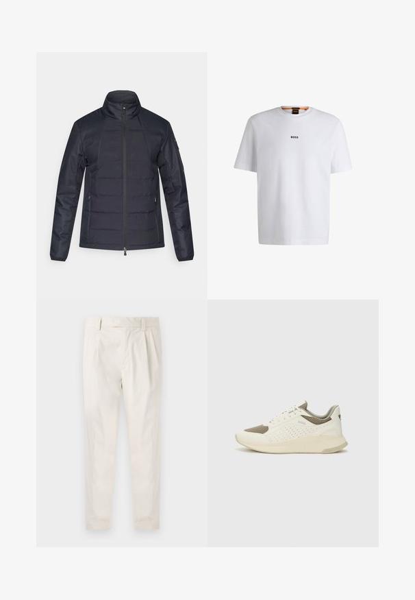 Navy blue padded jacket with a high collar, front zipper, and side pockets. Textured fabric features horizontal quilting on the body.; White cotton T-shirt with short sleeves, featuring a black "BOSS" logo centered on the chest and a round neck design.; White, pleated trousers with a tailored fit, featuring a smooth texture, belt loops, and tapered legs. No visible pockets or patterns.; White and light beige athletic sneaker, featuring a mesh upper, perforated detailing, and a textured midsole with branding on the heel.