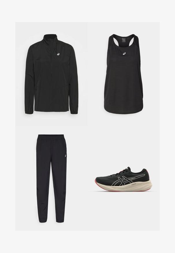 ASICS CORE JACKET - Trainingsjacke - performance black; Schwarzes sportliches Tanktop aus leichtem Material. Mit rundem Halsausschnitt, Racerback-Design und kleinem weißen Logo auf der Vorderseite.; Schwarze Sporthosen mit einem elastischen Bund, schmal zulaufenden Beinen mit Bündchen, aus leichtem, glattem Material und einem kleinen Logo am Oberschenkel.; Schwarzer Sportschuh mit einem Obermaterial aus Mesh und weißen Akzenten. Verfügt über eine gepolsterte Mittelsohle und ein rotes Außensohlen-Detail. Leichtes Design.