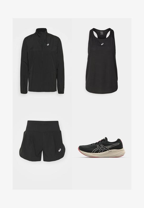 ASICS CORE JACKET - Giacca sportiva - performance black; Canotta atletica nera realizzata in tessuto leggero. Presenta un colletto rotondo, un design con schiena a racer e un piccolo logo bianco sulla parte anteriore.; Pantaloni corti sportivi neri con un ampio elastico in vita, design plissettato e un piccolo logo bianco accentato sul lato sinistro inferiore. Materiale morbido e leggero.; Scarpa da corsa nera con tomaia in rete e dettagli bianchi. Presenta un intersuola ammortizzata e un particolare suola rossa. Design leggero.