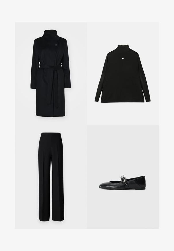 Black wool coat with a high collar, wrap design, single button closure, and a matching fabric belt. Smooth texture, knee-length cut.; Black turtleneck sweater with long sleeves, featuring a small white heart emblem on the chest. Soft fabric and relaxed fit.; Black wide-leg trousers with a smooth texture, featuring a high waistband and center pleats. No visible patterns or hardware details.; Black leather ballet flats with a pointed toe, featuring a strap with a circular metallic buckle and a flat sole.