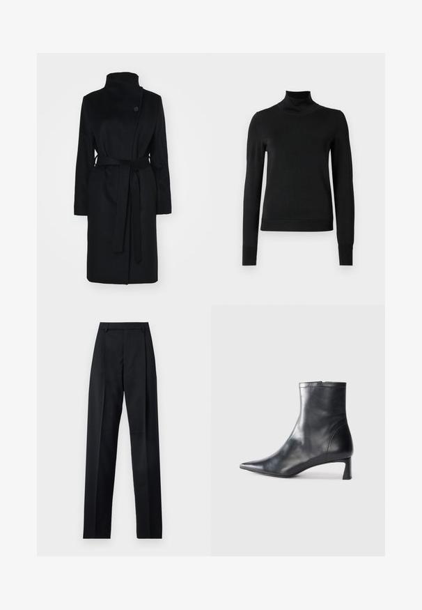 Crni vuneni kaput s visokim ovratnikom, dizajnom koji se obavija, zatvaranjem na jedan gumb i pojasom od istog materijala. Glatka tekstura, kroj do koljena.; Crna dugosruga majica s rolijom i rebrastim manžetama i donjim rubom, prikazana na jednostavnoj bijeloj pozadini.; Crne hlače od glatkog materijala s visokim strukom, širokim nogavicama, prednjim pregibima i klasičnim petljama za remen. Nema vidljivih bočnih džepova.; Crne kožne gležnjače s uskim vrhom i elegantnim dizajnom. Imaju niski potpetak i zatvaranje na patentni zatvarač straga. Glatka tekstura.