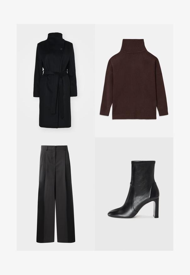 Sort uldfrakke med høj krave, omslagdesign, enkelt knaplukning og et matchende stofbælte. Glat tekstur, knælangt snit.; Brun strikket turtleneck trøje med høj ribbet krave, droppede skuldre samt ribbede manchetter og kant. Glat tekstur med en afslappet pasform.; Sort brede bukser med høj talje, med folder foran, en glat tekstur og en skræddermæssig finish. Designet til en afslappet pasform.; Sorte læder ankelstøvler med et slankt design, spids tå og høj blokhæl. Har en glat overflade og minimalistic syning.
