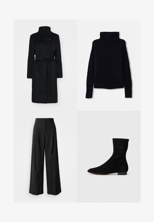 Fekete gyapjú kabát magas gallérral, ölelkező fazonnal, egysoros gombos záródással és hozzá illő szövetszíjjal. Sima textúra, térdhez érő szabás.; Fekete, vastag kötésű pulóver magas, bordázott garbós nyakkal és hosszú ujjal. Puha tapintás, egyenes szabású alsó szegély, és nincs látható mintázat vagy díszítés.; Fekete, széles lábú nadrág sima anyagból, magas derékbandázsú, elöl két plisszéval és igényes szabással.; Fekete velúr bokacsizma, illeszkedő szárral, hegyes orral és alacsony blokk sarokkal. Simább felület és minimalista dizájn, amely sokoldalú stílushoz megfelelő.