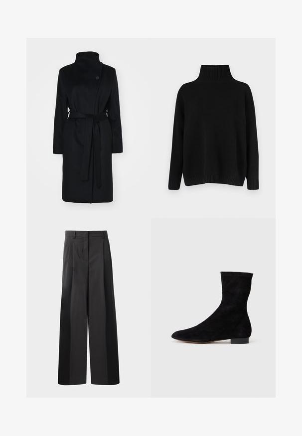 Zwarte wollen jas met hoge kraag, wikkelontwerp, enkele knoopsluiting en een bijpassende stoffen riem. Gladde textuur, knielange snit.; Zwarte gebreide trui met een hoge, geribbelde kraag, verlaagde schouders en een ontspannen pasvorm. Voorzien van geribbelde manchetten en zoom voor textuur.; Zwarte wijde broek met hoge taille, met voorplooien, een gladde textuur en een nette afwerking. Ontworpen voor een ontspannen pasvorm.; Zwarte suède enkelboot met een aansluitende schacht, puntige neus en een lage blokhak. Gladde textuur en minimalistisch ontwerp, geschikt voor veelzijdige styling.