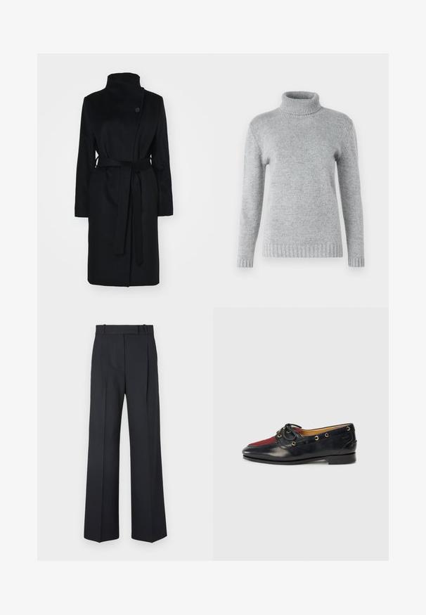 Black wool coat with a high collar, wrap design, single button closure, and a matching fabric belt. Smooth texture, knee-length cut.; Light gray turtleneck sweater made from soft knit material, featuring long sleeves and ribbed texture at the collar and hem.; White long-sleeve shirt made of smooth fabric, featuring a collared neckline and a button front with light pink buttons.; Dark blue pinstriped trousers with a high waist, wide leg design, and no visible hardware or embellishments. Smooth texture and tailored fit.; Black leather boat shoe featuring a red suede toe, gold eyelets, and a decorative bow. Smooth texture with a low block heel.