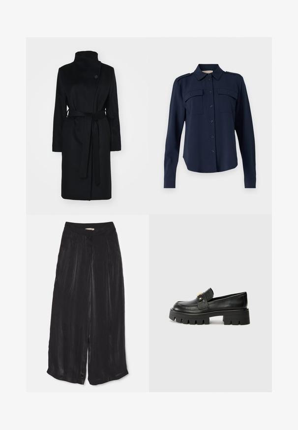 Abrigo de lana negro con un alto cuello, diseño envolvente, cierre de un solo botón y un cinturón de tela a juego. Textura suave, corte hasta la rodilla.; Camisa de botón azul marino hecha de una tela suave. Cuenta con dos bolsillos en el pecho, hombreras y mangas largas con puños abotonados.; Pantalones de pierna ancha negros, elaborados con una suave tela de satén, que presentan una cintura alta, pliegues frontales y un largo corto con aberturas laterales.; Mocasines de cuero negro con una suela gruesa, que presentan un acento en tono dorado en la parte delantera y un acabado suave. Diseño de suela con dibujo grueso.