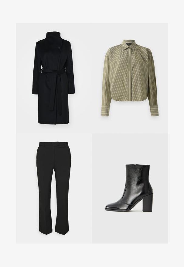 Juodas vilnonis paltas su aukštu apykakle, susuktas dizainas, vienos mygtuko užsegimas ir suderinta audinio juosta. Lygus paviršius, kelių ilgio kirpimas.; Olivinė ilgo rankovės marškinė su baltomis vertikaliomis juostelėmis, turinti mygtukų užsegimą, klasikinį apykaklę ir šiek tiek trumpesnį hemą.; Juodos pritaikytos kelnės su tiesiomis kojomis, su diržo kilpos ir šoninėmis kišenėmis. Pagamintos iš lygios medžiagos su švariu apdailu.; Juodas odinis kulkšninis batas su lygiu paviršiumi, smailiu pirštu ir masyviu aukštu kulnu. Savybė - šoninis atidarymas ir minimalistiškas dizainas.