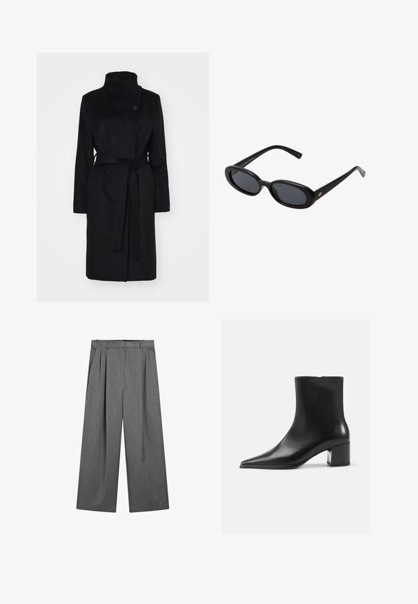 Sort uldfrakke med høj krave, omslagdesign, enkelt knaplukning og et matchende stofbælte. Glat tekstur, knælangt snit.; Hvid langærmet skjorte lavet af blødt stof. Har en tætsiddende design med sammenfoldede detaljer ved taljen og en rund halsudskæring.; Grå vidde bukser med vertikale striber, plisseret front og en linning designet til komfort. Glat stof og skræddersyet snit.; Sort læder ankelstøvle med spidse tæer, glat tekstur og mellemhøj blokhæl. Minimalistisk design, lynlås lukning bagpå.; Store store