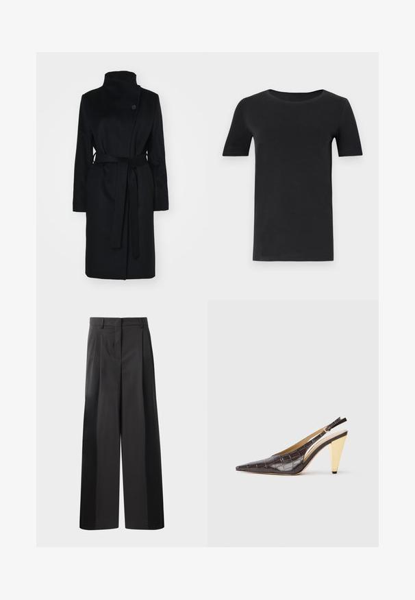 Musta villatakki korkealla kauluksella, kietaisumalli, yksittäinen nappisulku ja yhteensopiva kangashihna. Sileä pinta, polvenpituinen leikkaus.; Mustat lyhyet hihattomat t-paidat, jotka on valmistettu pehmeästä puuvillasta, pyöreällä kaula-aukolla ja klassisella mitoituksella. Sileä tekstuuri, ei kuvioita tai koristeluja.; Mustat, leveälahkeiset housut korkealla vyötäröllä, etupleiteillä, sileällä pinnalla ja huolitellulla viimeistelyllä. Suunniteltu rentoon istuvuuteen.; Kärppäotsa slingback-korkokengät tummanruskeasta kiiltävästä keinonahasta, joka imitoi krokotiilin ihoa. Malleissa on kultasävyinen geometrinen korko ja säädettävä nilkkaremmi.
