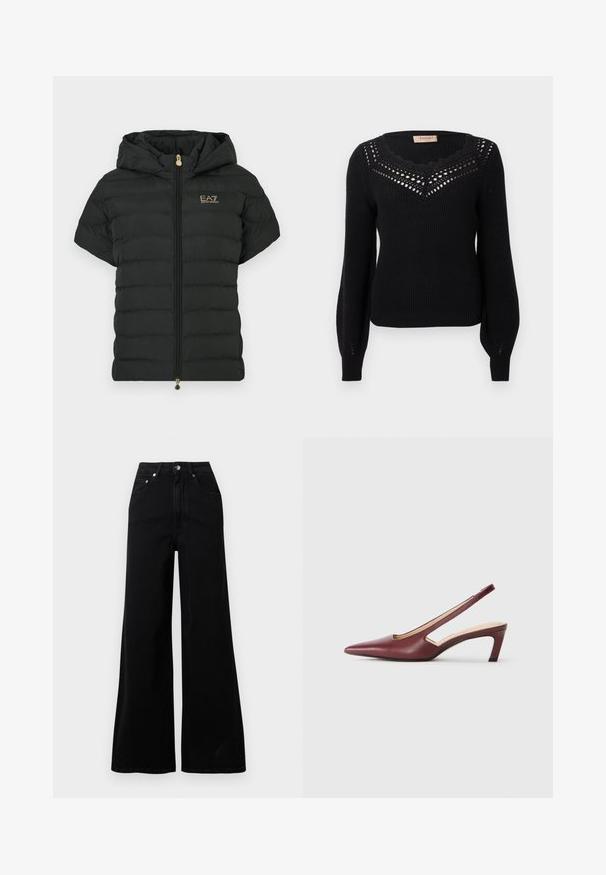 Črna puhasta jakna s kratkimi rokavi in kapuco, vodoravna prešita tekstura, zlata majica na prsih in zadrga na sprednji strani.; Črni pulover z rebrasto teksturo, valovitim izrezom in odprto okrasno podrobnostjo na prsih. Dolgi rokavi in oprijet pas.; Črne široke jeans hlače iz jeansa, z visokim pasom, petimi žepi, sprednjo zapenjavo na gumbe in minimalnimi šivi.; Burgundske slingback pete s koničastim nosom, izrezi na straneh in srednje visoko blok peto. Gladek usnjeni zaključek.