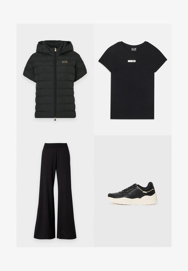 Must lühikeste varrukatega pufferjakk kapuutsiga, horisontaalse tepitud mustriga, kulla värvi logoga rinnal ja esiküljel tõmblukuga.; Must have mustaga, lühikeste varrukatega, puuvillane T-särk, mille esiküljel on valge ristkülikukujuline logopatch, millel on kirjas "EA7".; Mustad laiad püksid, mis on valmistatud siledast kangast ning millel on kõrge ja veniv vöökoht. Pükstel on täispikkus ja lihtne disain ilma mustriteta.; Must kivist sneaker, millel on paks kreemjas tall, kullatoonist ahelaktsent ja mustad paelad. Sujuv tekstuur ja külgedel embosseeritud bränding.